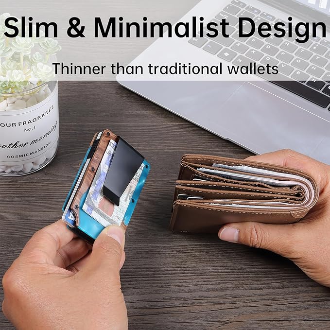Minimalist Slim Wallet for Men,RFID Blocking Metal Wallet,Aluminum Credit Card Holder & Money Clip 12-15 Cards,Slim Rfid Front Pocket Mens Wallet,Resin Light Blue