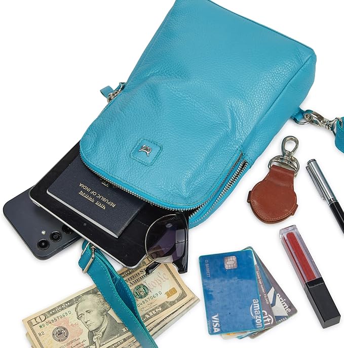 Leather Sling Bag for Women Genuine Crossbody Purse Small Trendy Cross Over Chest with Phone and Credit Card Slots (Air Blue Nappa)