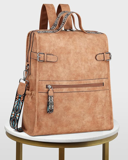 FADEON Leather Laptop Backpack for Women, Designer Ladies Work Travel Computer Backpack with Laptop Compartment Suede Brown