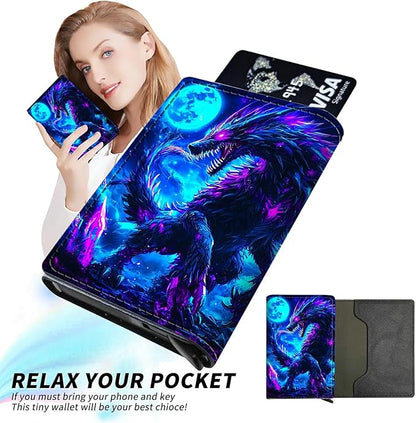 Minimalist Wallet for Men's Card Holders, Pop-Up Card Case Durable Wallets for Women, Leather Automatic Credit Card Holder with Metal Money Clip RFID Blocking Bifold Pocket, Blue Moon Dragon