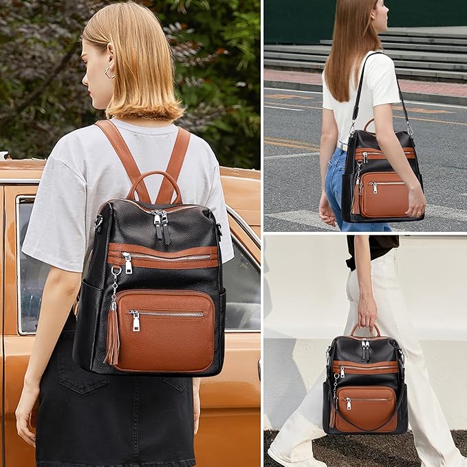 ALTOSY Genuine Leather Backpack Purse for Women Large Shoulder Bag With Laptop Compartment Multiple Pockets (S106 Black/Brown)