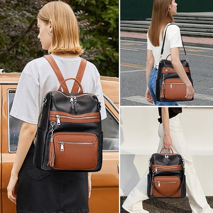 ALTOSY Genuine Leather Backpack Purse for Women Large Shoulder Bag With Laptop Compartment Multiple Pockets (S106 Black/Brown)