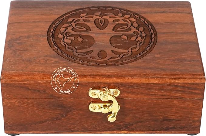 Rosewood Handmade Wooden Urn Tree of Life Engraving Handcarved Jewellery Box for Women-Men Jewel | Home Decor Accents | Decorative Boxes | Storage & Organiser (7" x 5.5" x 3.5", Tree - 7)