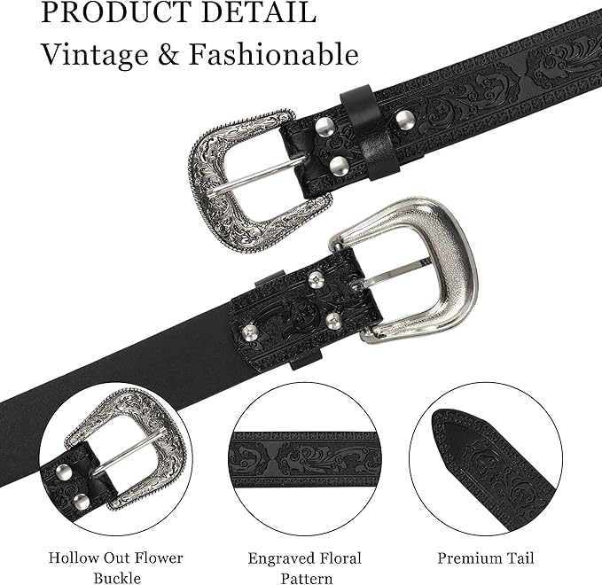 Mealah Vintage Western-Cowboy-Belt for Women Men - Carved Buckle PU Leather Waist Belts (for Waist 28"-38")