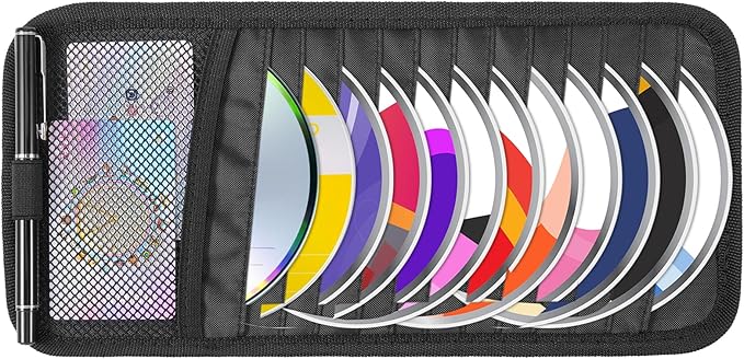Trinkrittey Car CD Case Holder, Vehicle Sun Visor Organizer DVD Vehicle Visor Storage Organizer with 12 DVD Storage Sleeves, 1 Mesh Pocket, 1 Pen Holder and Elastic Strap