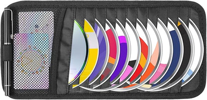 Trinkrittey Car CD Case Holder, Vehicle Sun Visor Organizer DVD Vehicle Visor Storage Organizer with 12 DVD Storage Sleeves, 1 Mesh Pocket, 1 Pen Holder and Elastic Strap