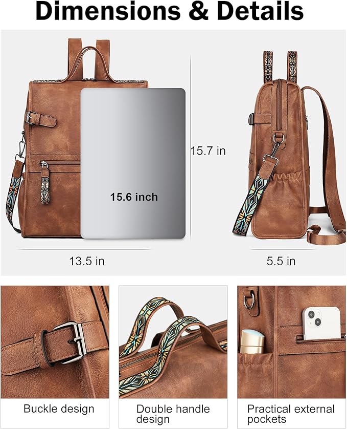 FADEON Leather Laptop Backpack for Women, Designer Ladies Work Travel Computer Backpack with Laptop Compartment Purse Brown