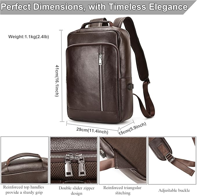 Genuine Leather 15.6 Inch Laptop Backpack for Men, Multi Pocket Slim Daypack Shoulder Bag with Trolley Sleeve for Business Travel (Brown)