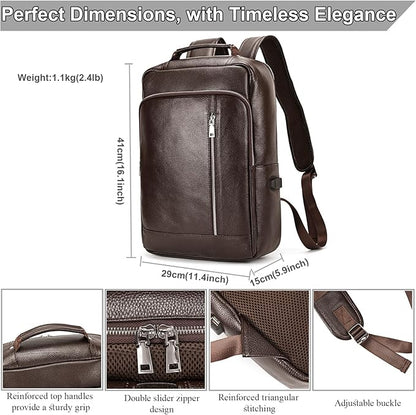 Genuine Leather 15.6 Inch Laptop Backpack for Men, Multi Pocket Slim Daypack Shoulder Bag with Trolley Sleeve for Business Travel (Brown)