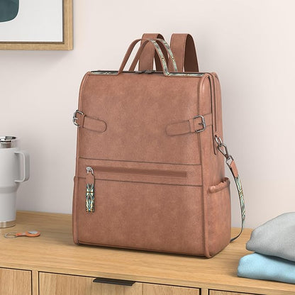 FADEON Leather Laptop Backpack for Women, Designer Ladies Work Travel Computer Backpack with Laptop Compartment Purse Brown