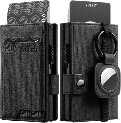 VULKIT Airtag Wallet with Keyring Mens Pop up Credit Card Wallet with Air Tag Holder Trifold ID Window RFID Blocking（Black）
