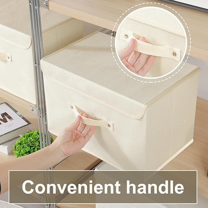 Fabric Storage Bins Cube Organizers with Flip-Top Lid and Handles, Storage Boxes for Organizing Home, Office, and Closet, Beige, 5 Pack 10.2 X 7.9 X 6.7 in