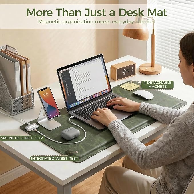 Magnetic Desk Mat System with Wrist Support 80×40cm, Premium Leather Desk Pad with Magnetic Accessories, Waterproof Non-Slip Desk Organizer for Office & Gaming