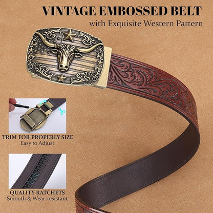 SANSTHS Western Cowboy Ratchet Belts for Men Women Leather Cowboy Belt with Automatic Western Buckle for Jeans Gifts