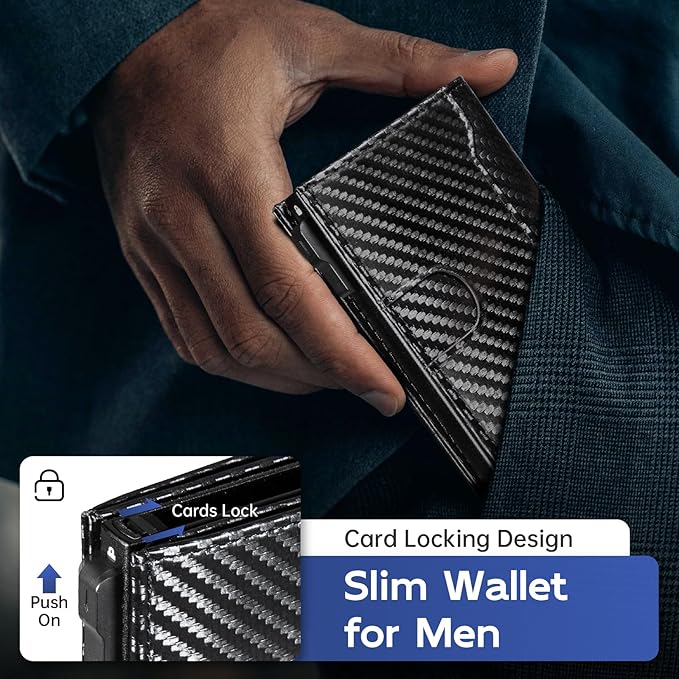 Wallet for Men, Slim Minimalist Mens Wallet for RFID Blocking, Front Pocket Credit Card Holder Wallets with ID Window, Smart Pop Up Metal Aluminum Case Gift for Men, Carbon Fiber Black