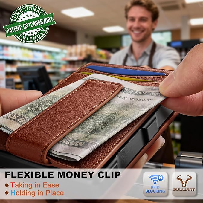 BULLIANT Men Wallet,Metal Case Money Clip with Grain Leather Flip 11 Cards-Pop-up Access Magetic Closure