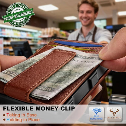 BULLIANT Men Wallet,Metal Case Money Clip with Grain Leather Flip 11 Cards-Pop-up Access Magetic Closure