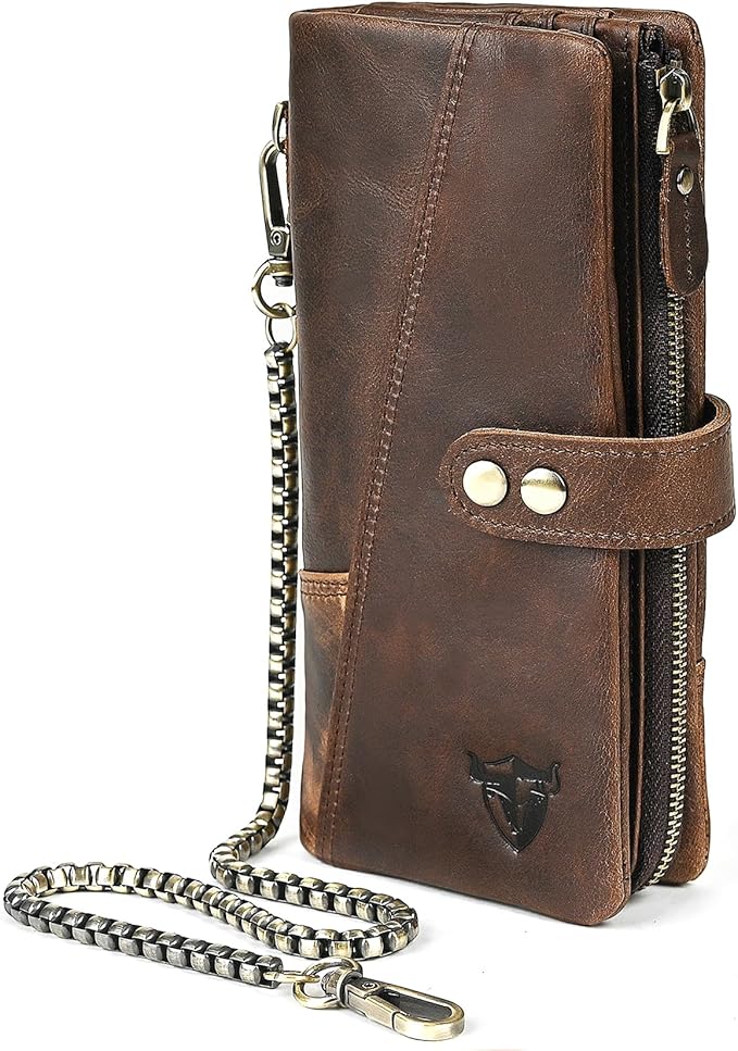 Genuine Crazy Horse Leather Travel Gift Coin Pocket Card Case Long Organizer Chain Rfid Wallet Purse With Snap For Men Male 1803 1815 (1803 Coffee)