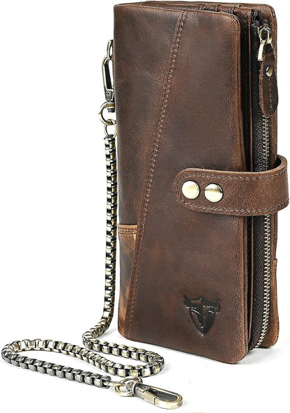 Genuine Crazy Horse Leather Travel Gift Coin Pocket Card Case Long Organizer Chain Rfid Wallet Purse With Snap For Men Male 1803 1815 (1803 Coffee)