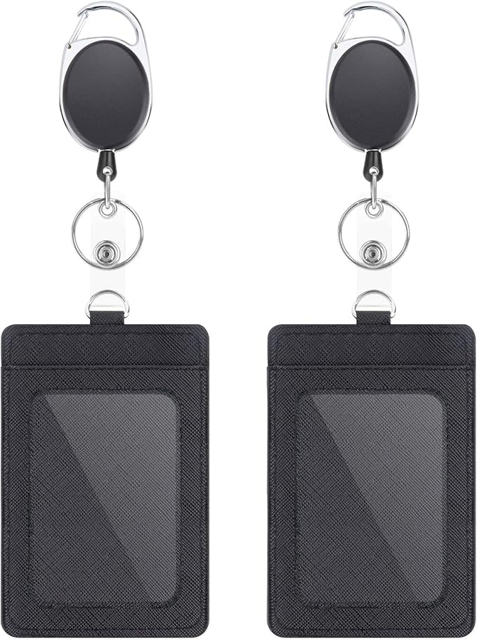 2 Pack Badge Holders and Heavy Duty Retractable Reel Clips Set, Vertical Leather ID Badge Holders with 1 Clear ID Window & 2 Credit Card Slots (Black-2pcs)'