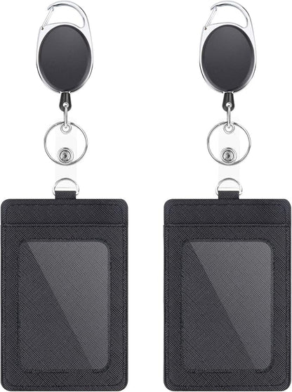 2 Pack Badge Holders and Heavy Duty Retractable Reel Clips Set, Vertical Leather ID Badge Holders with 1 Clear ID Window & 2 Credit Card Slots (Black-2pcs)'