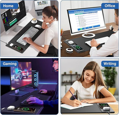 Magnetic Wireless Charging Mouse Pad, 27.5"x11.8" Gaming Desk Mat with Superior Stitched Edges, Non-Slip Base, Waterproof Smooth Desk Writing Pad for Gamer, Office & Home, Black