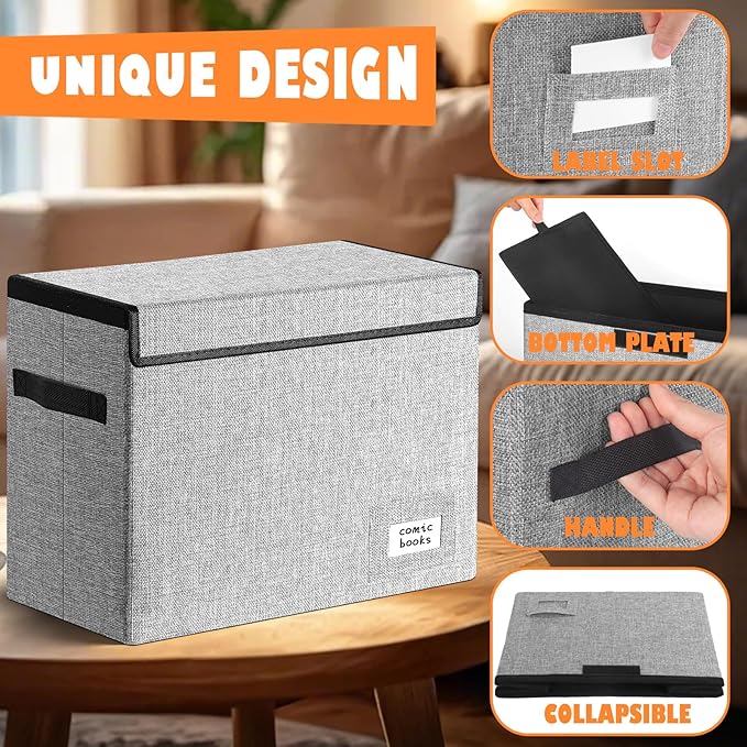 Leffis Comic Book Storage, Box 15.5" X 7.5" X 11.3", Collapsible Comic Short Box with Lids Holds 150 Comics Heavy Duty Comic Book Bin Container (2 pack, grey)