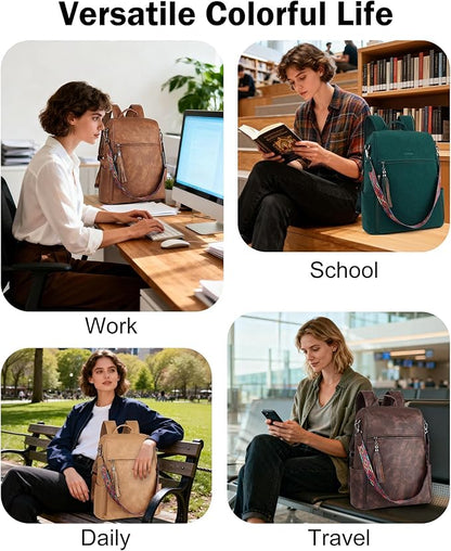 FADEON Leather Laptop Backpack for Women Designer 15.6 inch PU Laptop Bag, Ladies Travel Computer Work Backpack Camel Brown