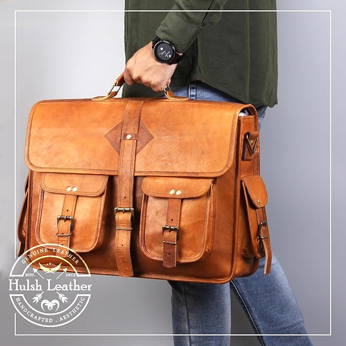 Vintage Leather Laptop Bag for Men Full Grain Large Leather Messenger bag for men 18 inches with rustic look Brown briefcase (Tan)