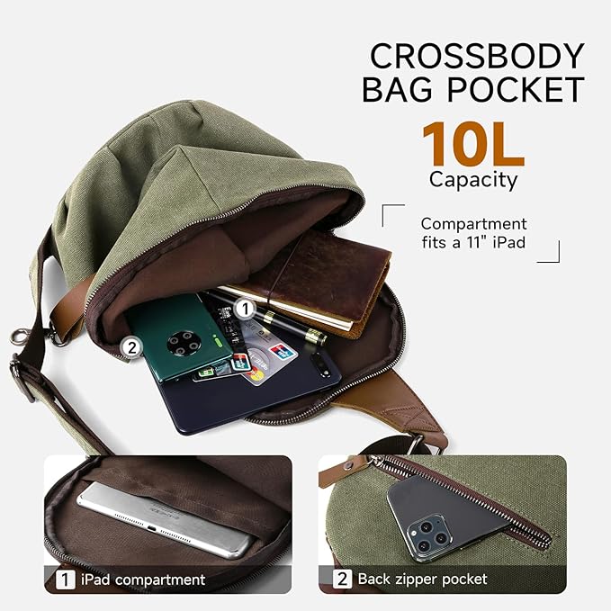 MOYYI Canvas Sling Bag for Men Women, 10L Crossbody Bag Small Backpack, Casual Daypack with Anti-Theft Pocket, Vintage Canvas Shoulder Bags for Travel, Daily, Hiking, Work (Green)