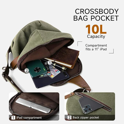 MOYYI Canvas Sling Bag for Men Women, 10L Crossbody Bag Small Backpack, Casual Daypack with Anti-Theft Pocket, Vintage Canvas Shoulder Bags for Travel, Daily, Hiking, Work (Green)