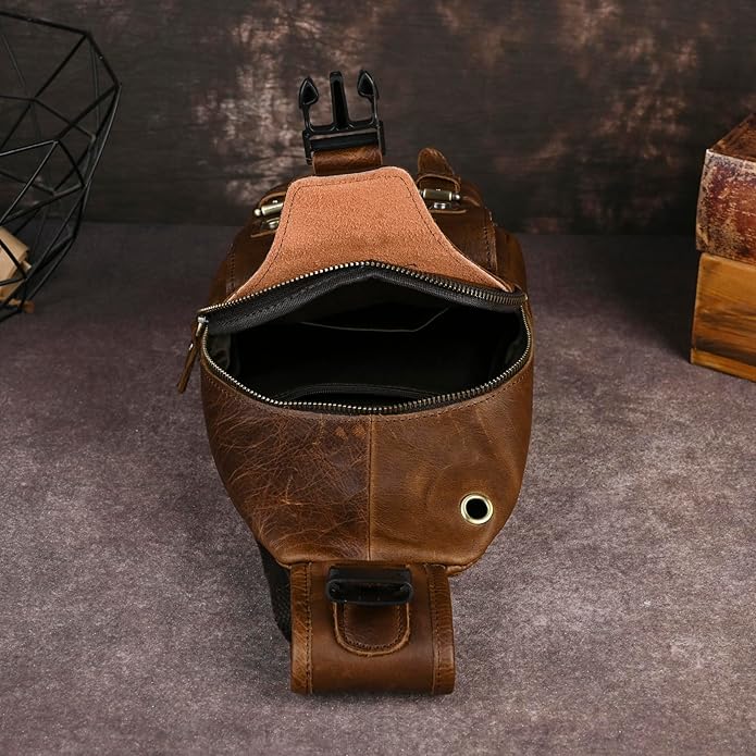 Thick Crazy horse Leather Triangle Crossbody Sling Chest Bag Travel One Shoulder Bag Daypack For Men Male 3028