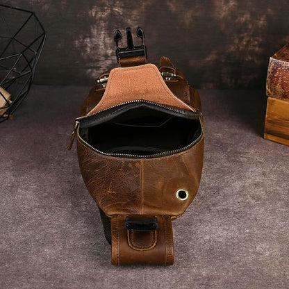 Thick Crazy horse Leather Triangle Crossbody Sling Chest Bag Travel One Shoulder Bag Daypack For Men Male 3028