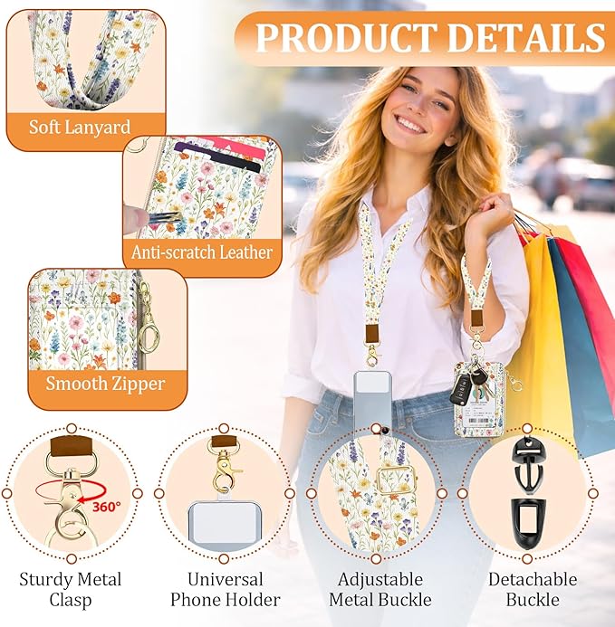 Cute Floral ID Badge Holder with Lanyard Wallet, Women Lanyards for ID Badges, RFID Zipper ID Case Card Holder, Adjustable Neck Lanyard Wrist Strap with Keychain for Teacher Doctor Nurse Gift