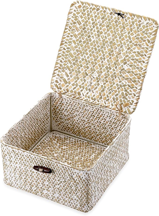 Hipiwe Handwoven Seagrass Basket with Lid Square Wicker Basket Bin Closet Storage Box Multipurpose Household Organize Container for Home Decor, Small,Whitewash