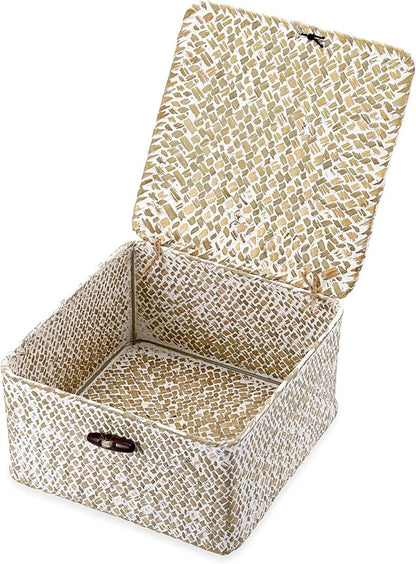 Hipiwe Handwoven Seagrass Basket with Lid Square Wicker Basket Bin Closet Storage Box Multipurpose Household Organize Container for Home Decor, Small,Whitewash