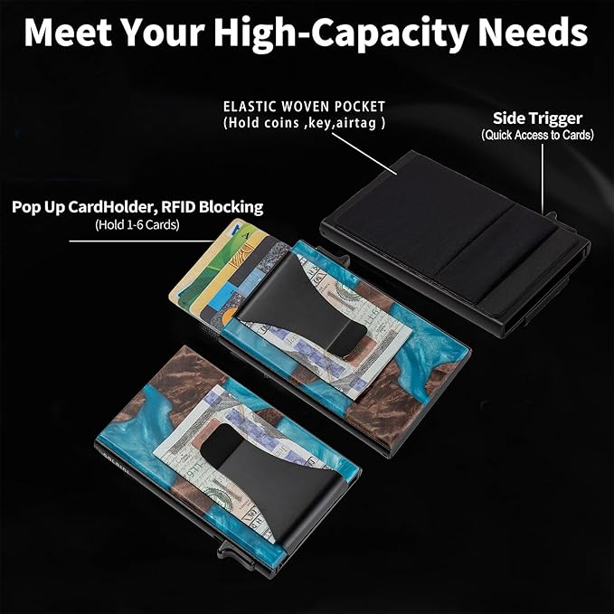 Slim Aluminum Wallet for Men, RFID Blocking Minimalist Matel Pop Up Card Holder Wallet, Holds 8+ Cards,Durable Removable Money Clip & Money Pocket(Resin Light Blue Wood)