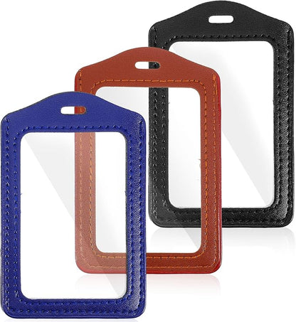 3 Pcs Leather ID Badge Holder, Vertical Double Sided Badge Holder, Clear Waterproof Name Badges Holders for Office, Employees, Staff, Students (Black, Brown, Blue)