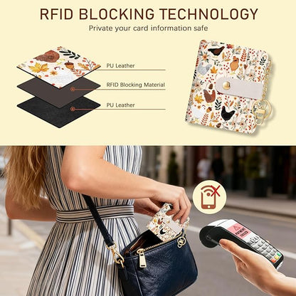 Jogjam Chicken Mushroom Leaves Rfid Women Wallet, Small Slim Thin Compact Credit Card Wallet, PU Leather Bifold Cash Wallet, Zipper Coin Pocket ID Window, Female Ladies Holiday Gifts