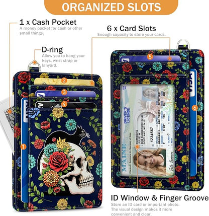 Yonlevres Skull Cat Credit Card Holder Slim Wallet, RFID Wallet Women Front Pocket Wristlet Lanyard, Small Card Holder Travel Funny Cute Thin Card Case ID Window PU Leather Card Organizer Gifts Girls