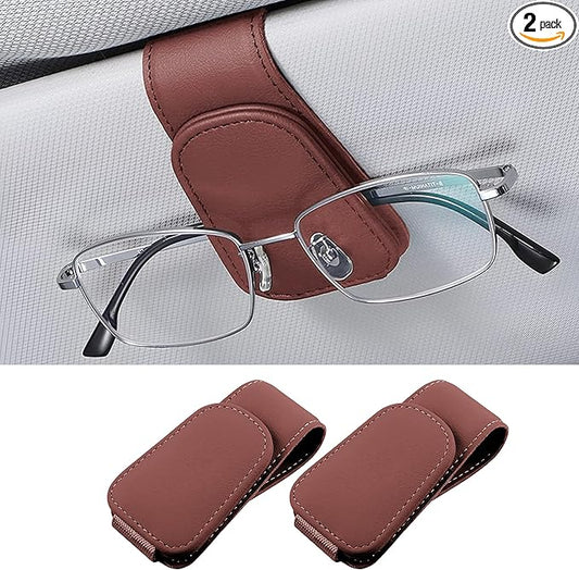 2PCS Sunglasses Holders for Car Sun Visor, Leather Eyeglasses Hanger Mounter, Magnetic Glasses Holder and Ticket Card Clip, Universal Auto Interior Accessories (Wine Red, 2PCS)