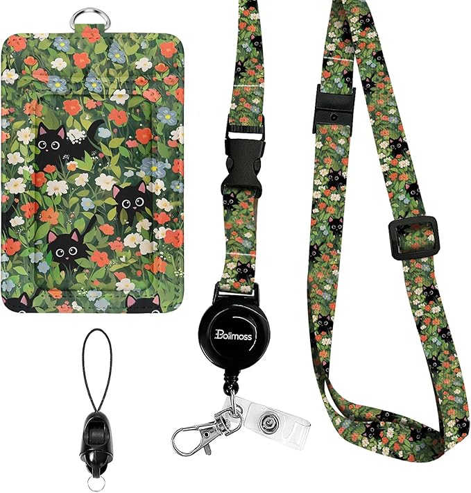 bolimoss Black Cat Lanyard with ID Holder, Cute Flower Leather ID Name Badge Card Holder with Adjustable Retractable Lanyards, Breakaway Lanyards with Swivel Metal Clasp for Women Nurse Teacher
