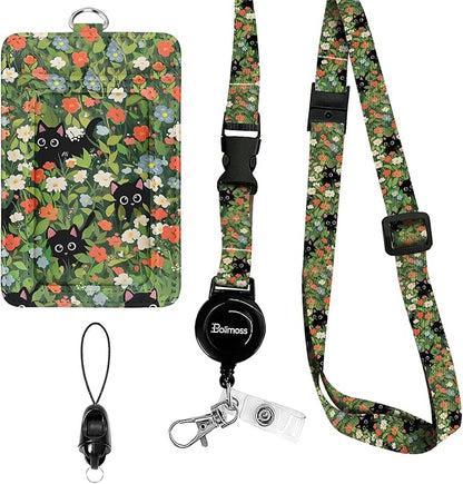 bolimoss Black Cat Lanyard with ID Holder, Cute Flower Leather ID Name Badge Card Holder with Adjustable Retractable Lanyards, Breakaway Lanyards with Swivel Metal Clasp for Women Nurse Teacher