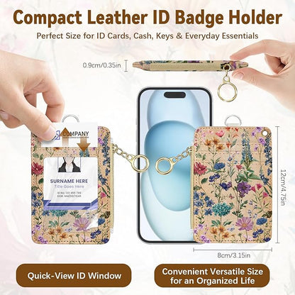 Flower Leather Badge Holder with Zipper Pocket, Work Lanyards and 1 Zip Pocket and 4 Card Slots, Kraft Paper Breakaway Lanyards with Metal Clasp for Boys, Adult, Teachers