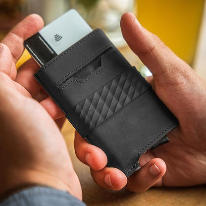 Hacksmith The Smith Wallet – Slim RFID Blocking Wallet for Men – Minimalist Front Pocket Wallet with Money Clip Band – Tactical Leather and Metal Wallets for Credit Cards & Cash (Black)