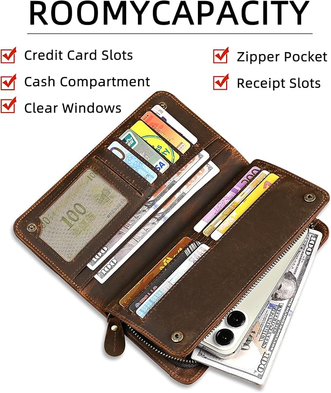 Genuine Crazy Horse Leather Travel Gift Coin Pocket Card Case Long Organizer Chain Rfid Wallet Purse With Snap For Men Male 1803 1815 (W-1821-Brown)