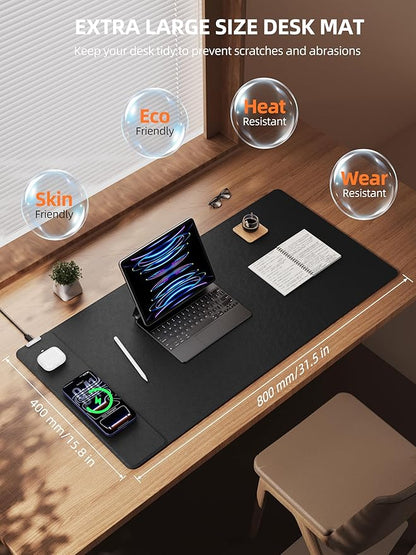 TopMade Mouse Pad with 15W Wireless Charging, XXL Large Leather Desk Mat, Waterproof Gaming Mousepad Home Office Desk Pad Protector, Black (Includes 20W PD Power Adapter & 6.56ft Woven Cable)