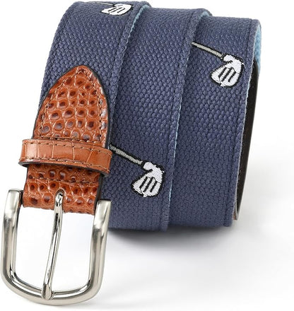 Mile High Life Golf Belts for Men, Canvas Belt with Genuine Leather Tips, Embroidered 2 Layer Web Belt with Pin Buckle