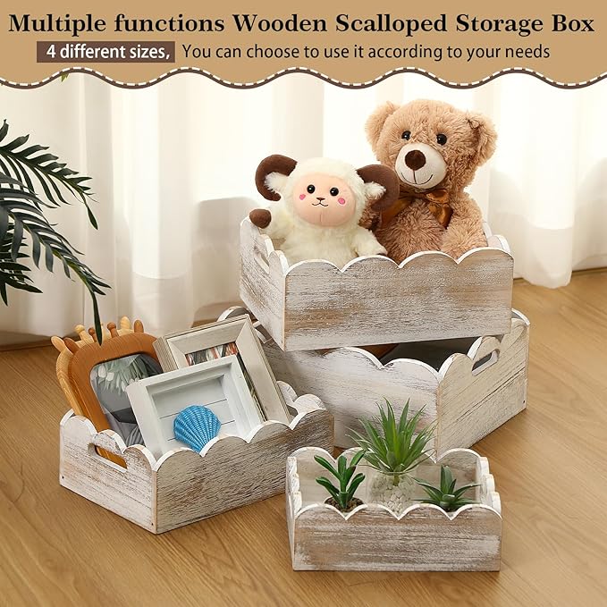 Beeveer 4 Pcs Scalloped Baskets with Handle 4 Size Wooden Countertop Storage Box Multipurpose Fruit Vegetable Crate Rectangular Decorative Serving Tray Organizer for Kitchen Bathroom Home Decor(White)