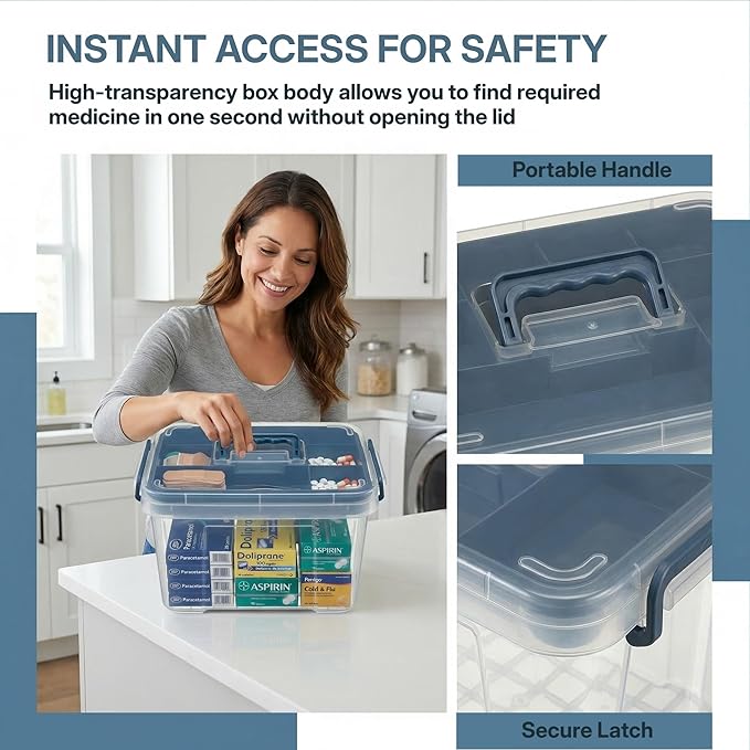 Pulseplay Clear Medicine Organizer Box with Handle Medicine Cabinet Organizer with Removable Tray First Aid Box Empty for Home Travel Outdoor (Blue)